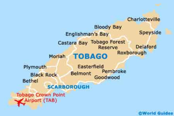 A location map for travel to Tobago showing major towns