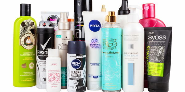 Bottles of beauty, skin care and body products in bottles