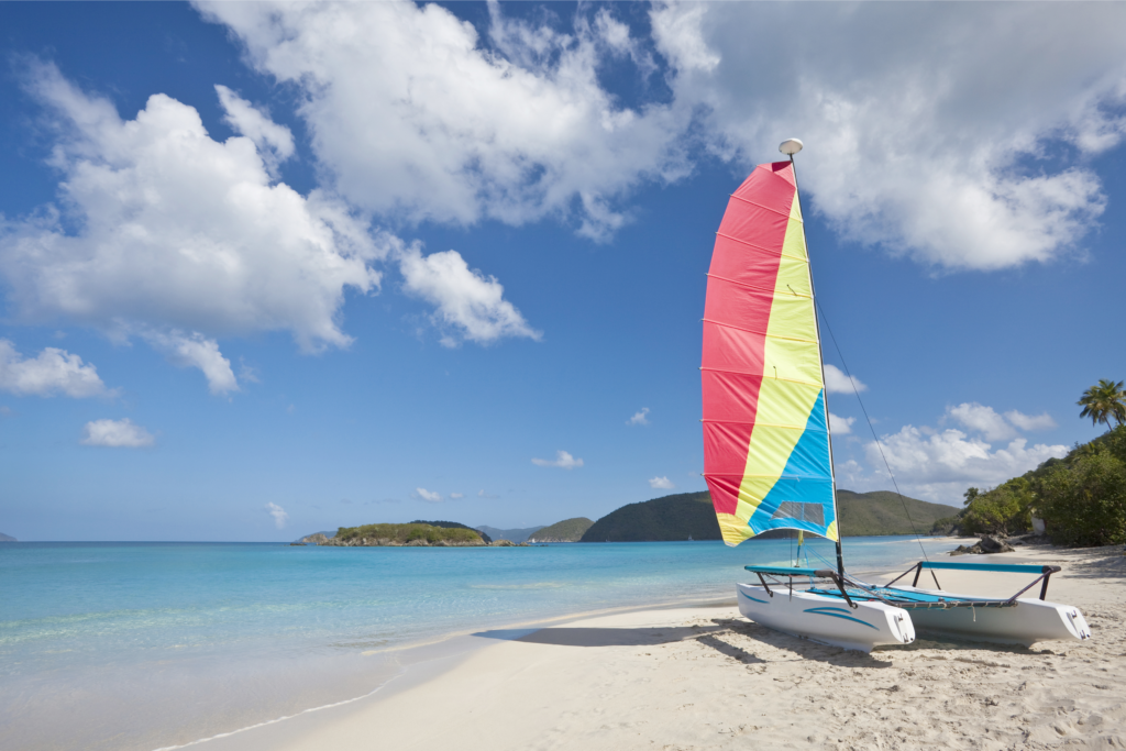 Sailboat on the beach in Cinnamon Bay on St. John in US Virgin Islands