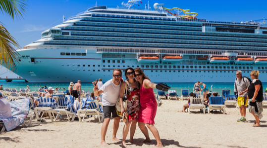 Three tourists taking a selfie on the dock at Grand Turk, Turks and Caicos