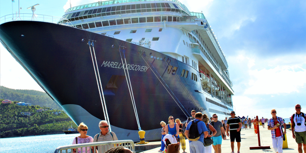 The Marella Discovery cruise ship docked in port on the island of Tortola.