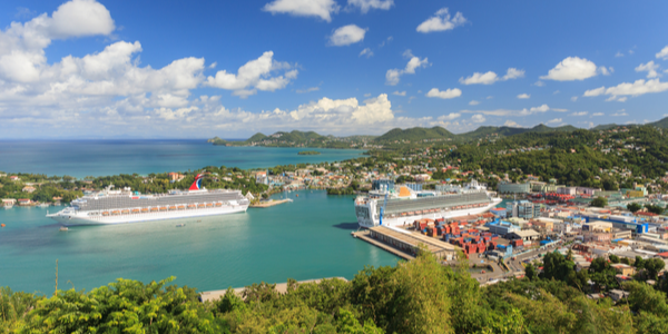 Carnival Valor and P&O Ventura docked in Castries on November 7, 2013. The sheltered harbour offers a preferred destination for cruise ships.