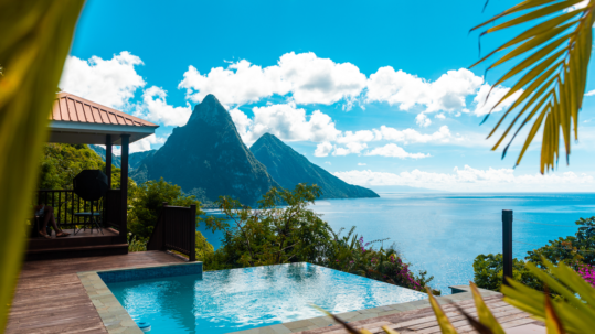 Villa in Stl Lucia with plunge pool looking towards Pitons and beachfront