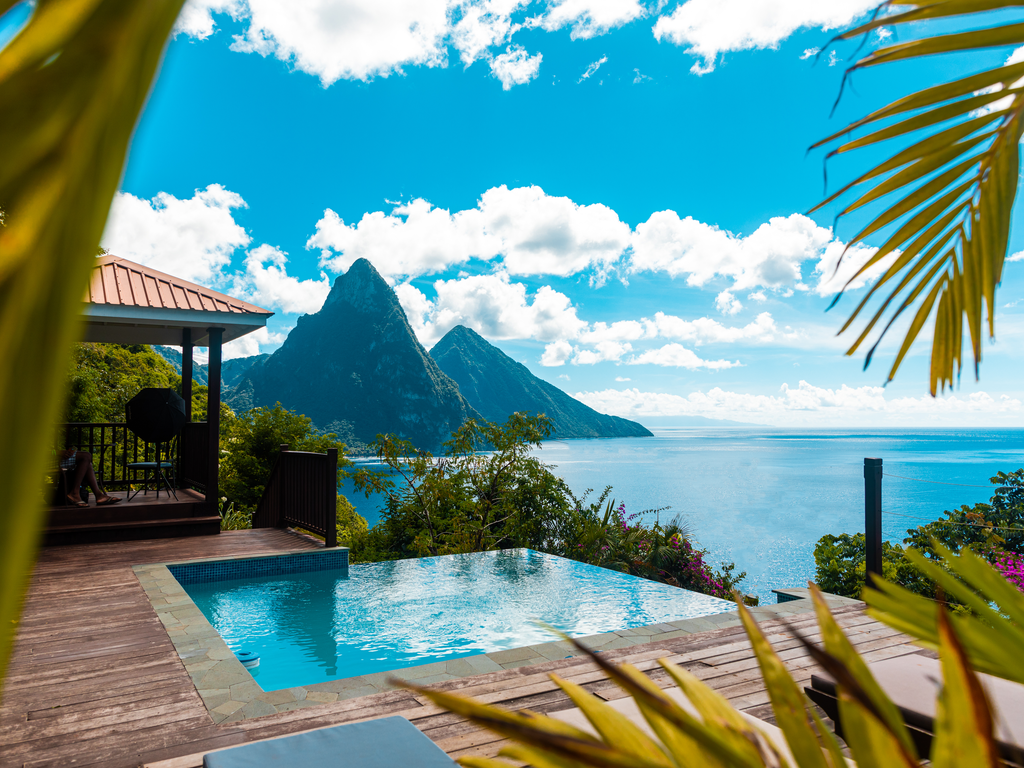 Villa in Stl Lucia with plunge pool looking towards Pitons and beachfront