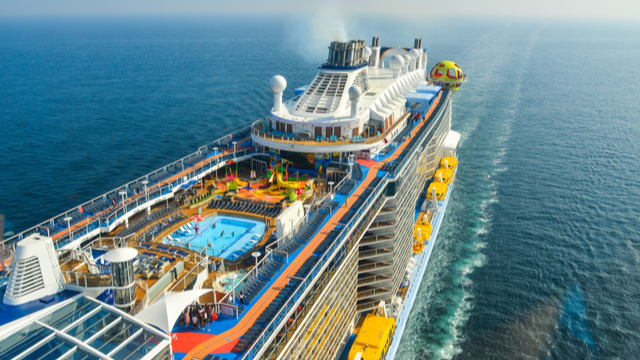 Aerial view of Spectrum of the Seas by Royal Caribbean in sunny day.