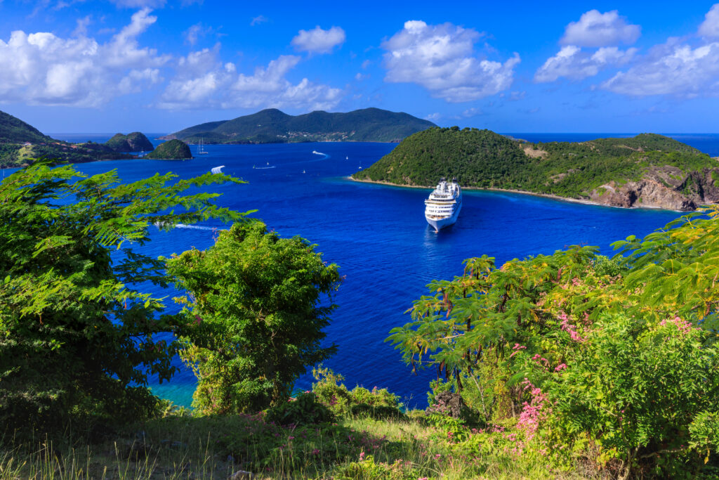 Carnival Cruise Line's Seabourn Odyssey cruise ship in beautiful Les Saintes Bay from Fort Napoleon, just before the covid-19 pandemic, Terre de Haut, Iles Des Saintes, Guadeloupe, Caribbean